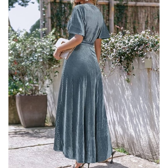 Elegant Simplee Plus, Steel Blue Ribbed Velour High Low Wrap Dress. Short Sleeve - Picture 10 of 16